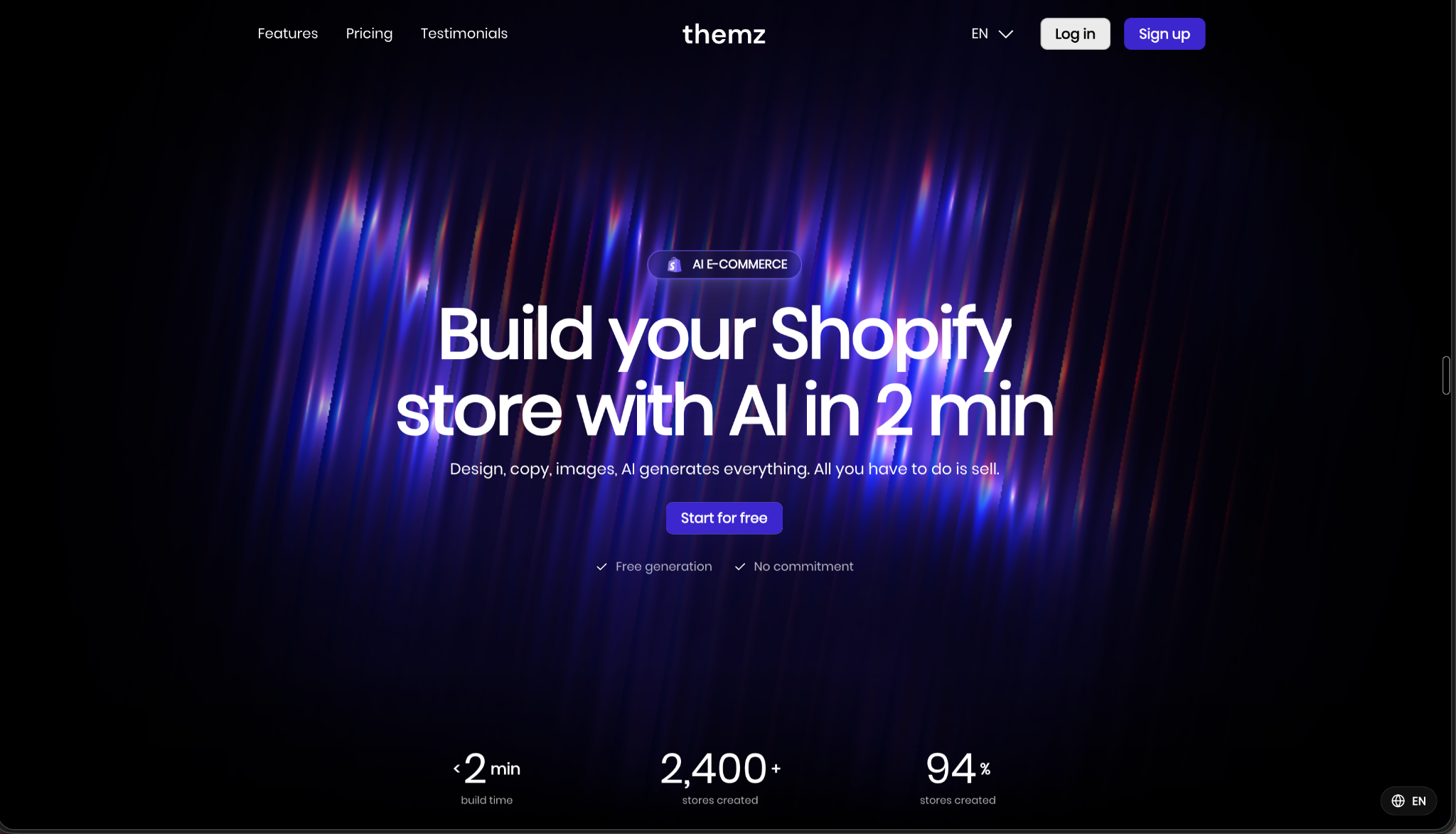 Themz website showing its AI-assisted Shopify store creation offering